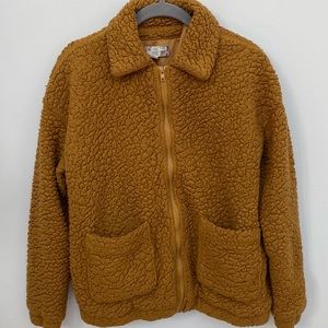 Pink Rose Teddy Jacket Women's Small Cozy Sherpa Zip Up in Warm Caramel Brown